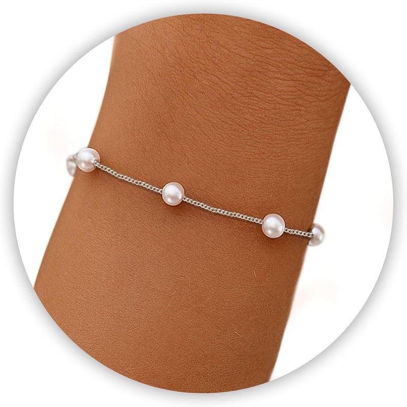 DAYANEY Pearl Bracelets for Women, Gold Bracelet Silver Pearl Jewelry as Valentines Gifts for Girls, Dainty Daisy and Heart Braclets Cute Floral Prom Jewelry for Bridesmaid Brazaletes Para Mujer - Image 1